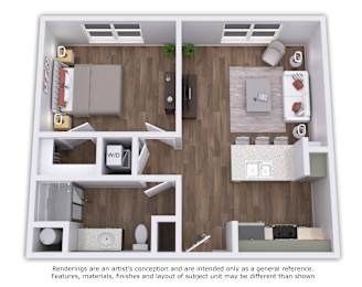 A 3D floor plan of a small apartment with a kitchen, living room, and bathroom.