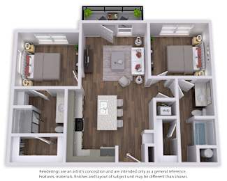A 3D floor plan of a house with a kitchen, living room, and two bedrooms.