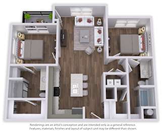 A 3D floor plan of a house with a kitchen, living room, and two bedrooms.