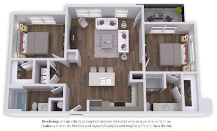 A 3D floor plan of a house with labeled rooms.