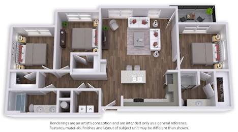 A 3D floor plan of a house with a kitchen, living room, and two bedrooms.