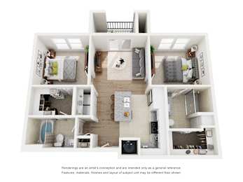 A floor plan of a two-bedroom apartment with a living room, kitchen, and bathroom.