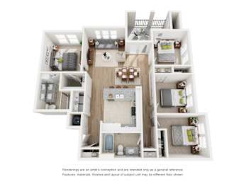 A 3D floor plan of a house with a kitchen, living room, and bedrooms.