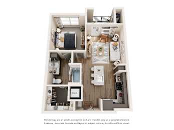 A floor plan of a small apartment with a kitchen, living room, and bathroom.