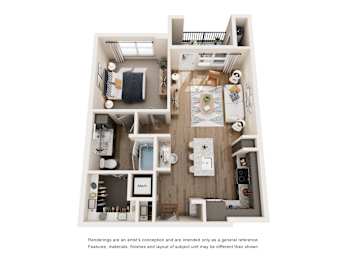 A floor plan of a small apartment with a kitchen, living room, and bedroom.