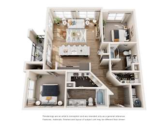A 3D rendered image of a modern apartment layout.