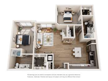 A floor plan of a house with a kitchen, living room, and two bedrooms.