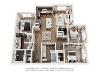 A 3D rendered image of a house layout with various rooms and furniture.