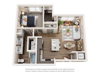 A floor plan of a small apartment with a kitchen, living room, and bathroom.