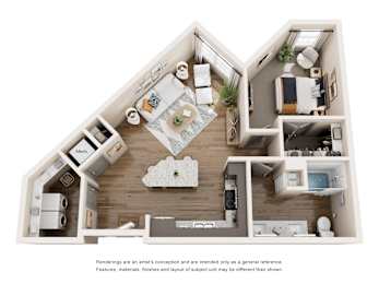A 3D rendered image of a modern house layout.