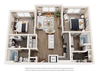 A 3D rendered image of a modern, minimalist apartment layout.