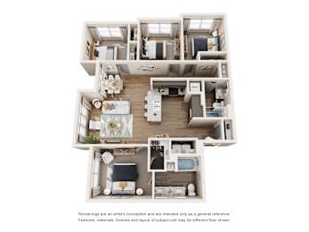 A 3D rendered image of a house layout.