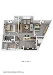 Floor Plan  A 3D rendered image of a B1 floor plan.