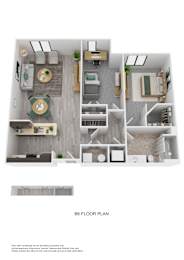 Floor Plan  A floor plan of a B6 apartment with a living room, kitchen, and bedrooms.