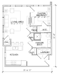 A floor plan of a house with labeled rooms such as "Kitchen", "Living Area", and "Master Bedroom".