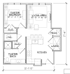 A floor plan of a house with a master bedroom, living area, kitchen, and bathrooms.