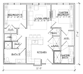 A floor plan of a house with two bedrooms, a living area, a kitchen, a laundry room, a cloakroom, and a bathroom.