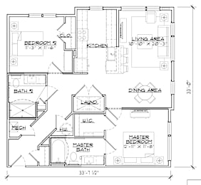 A floor plan of a house with labeled rooms such as Bedroom 1, Kitchen, Living Area, Bath, Dining Area, Master Bedroom, and Laundry.