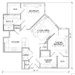 A floor plan of a house with labeled rooms and dimensions.