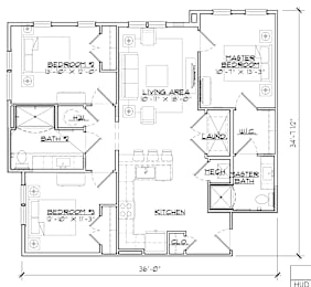 A floor plan of a house with three bedrooms, a living area, a kitchen, and a master bedroom with a bathroom.