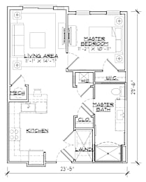 A floor plan of a house with a living area, kitchen, master bedroom, and bathroom.