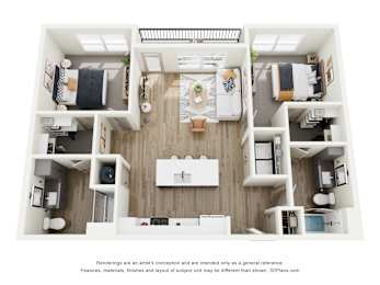 A 3D floor plan of a small apartment with a kitchen, living room, and two bedrooms.