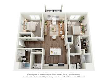 A 3D floor plan of a house with a kitchen, living room, and two bedrooms.