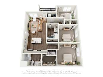 A 3D floor plan of a small apartment with a kitchen, living room, and bedroom.