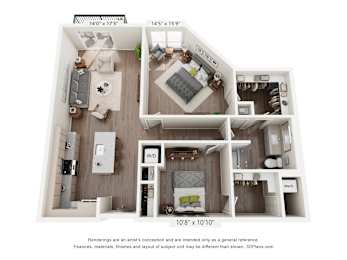 A 3D floor plan of a small apartment with a kitchen, living room, and bedroom.