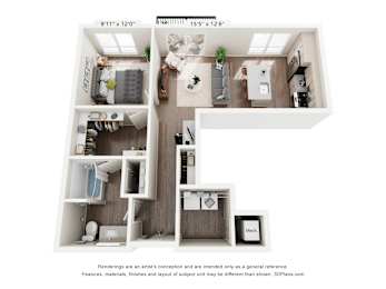 A 3D floor plan of a small apartment with a kitchen, living room, and bathroom.