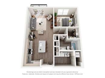 A 3D floor plan of a small apartment with a kitchen, living room, and bedroom.