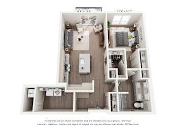 A 3D floor plan of a small apartment with a kitchen, living room, and bathroom.