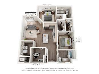 A 3D floor plan of a small apartment with a kitchen, living room, and bathroom.