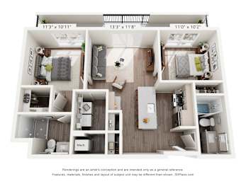 A floor plan of a small apartment with a kitchen, living room, and two bedrooms.