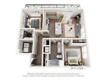 A 3D floor plan of a small apartment with a kitchen, living room, and bedroom.