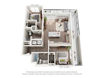 A floor plan of a small apartment with a kitchen, living room, and two bedrooms.