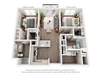 A 3D floor plan of a house with a kitchen, living room, and two bedrooms.