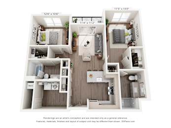 A 3D floor plan of a small apartment with a kitchen, living room, and two bedrooms.