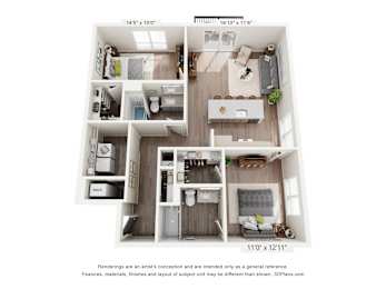 A 3D floor plan of a small apartment with a kitchen, living room, and two bedrooms.