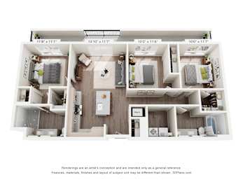 A 3D floor plan of a small apartment with a kitchen, living room, and two bedrooms.