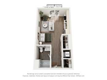 A floor plan of a small apartment with a kitchen, living room, and bathroom.