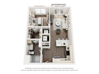 A floor plan of a small apartment with a kitchen, living room, and bathroom.