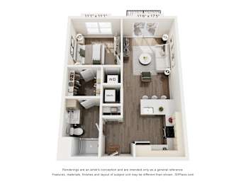 A 3D floor plan of a small apartment with a kitchen, living room, and bathroom.