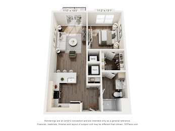 A 3D floor plan of a small apartment with a kitchen, living room, and bathroom.