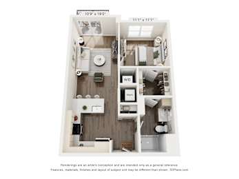 A floor plan of a small apartment with a kitchen, living room, and bathroom.