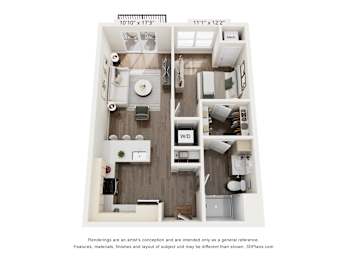 A floor plan of a small apartment with a kitchen, living room, and bathroom.