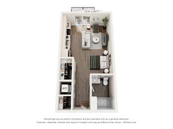 A 3D floor plan of a small apartment with a kitchen, living room, and bathroom.