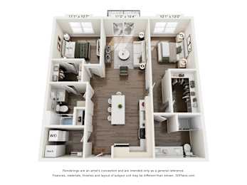 A 3D floor plan of a small apartment with a kitchen, living room, and two bedrooms.