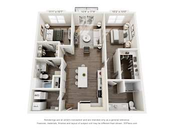 A 3D floor plan of a house with a kitchen, living room, and two bedrooms.