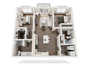 A 3D floor plan of a house with a kitchen, living room, and bathroom.